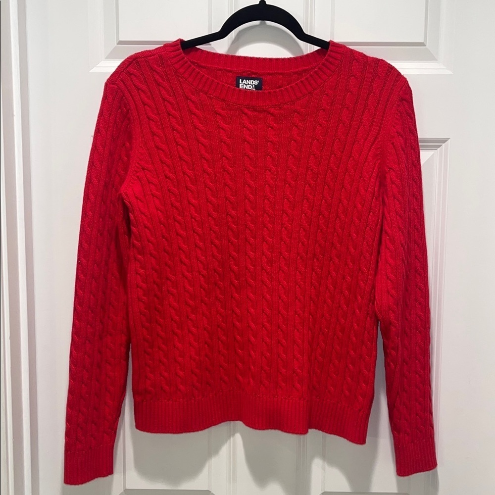 Woman's Lands' End Oversized Drifter Cable Knit Holiday Red Crew Sweater XS 2/4